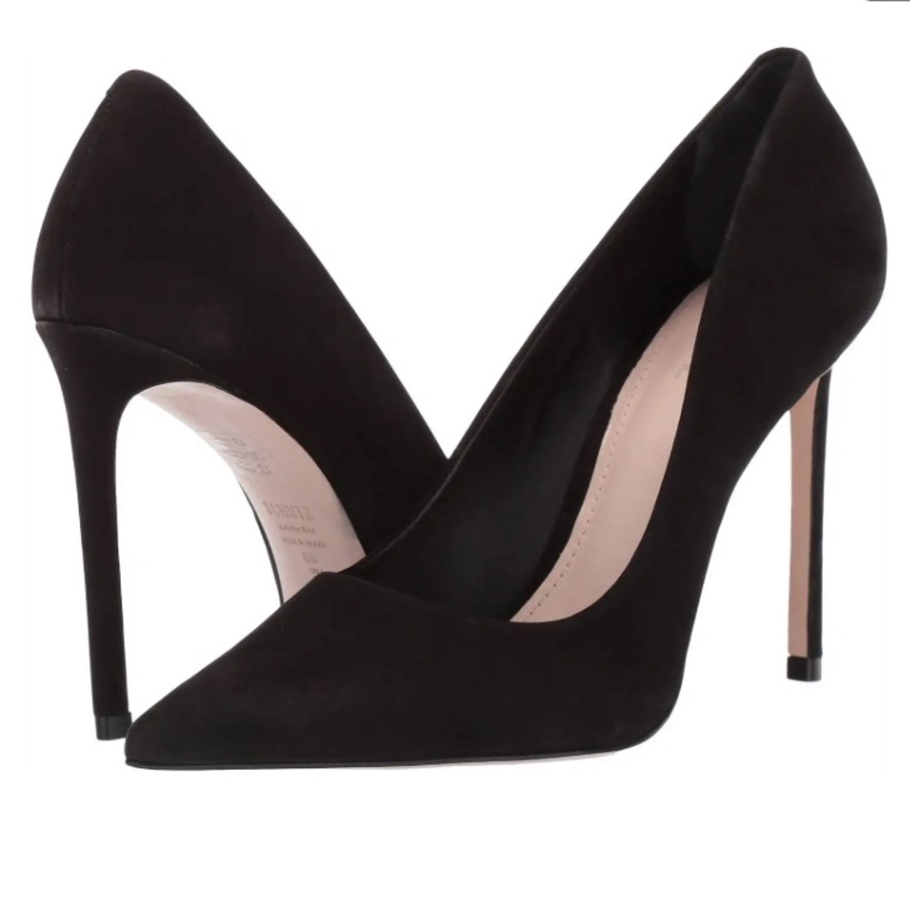 Schutz Lou Pump 4 inch stiletto heel pointed toe low vamp suede black 6.5